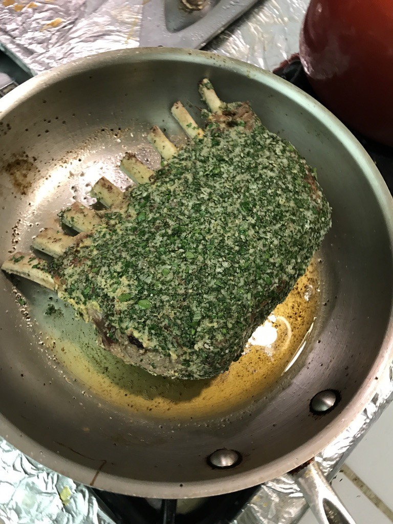 Herb-crusted lamb in the pan