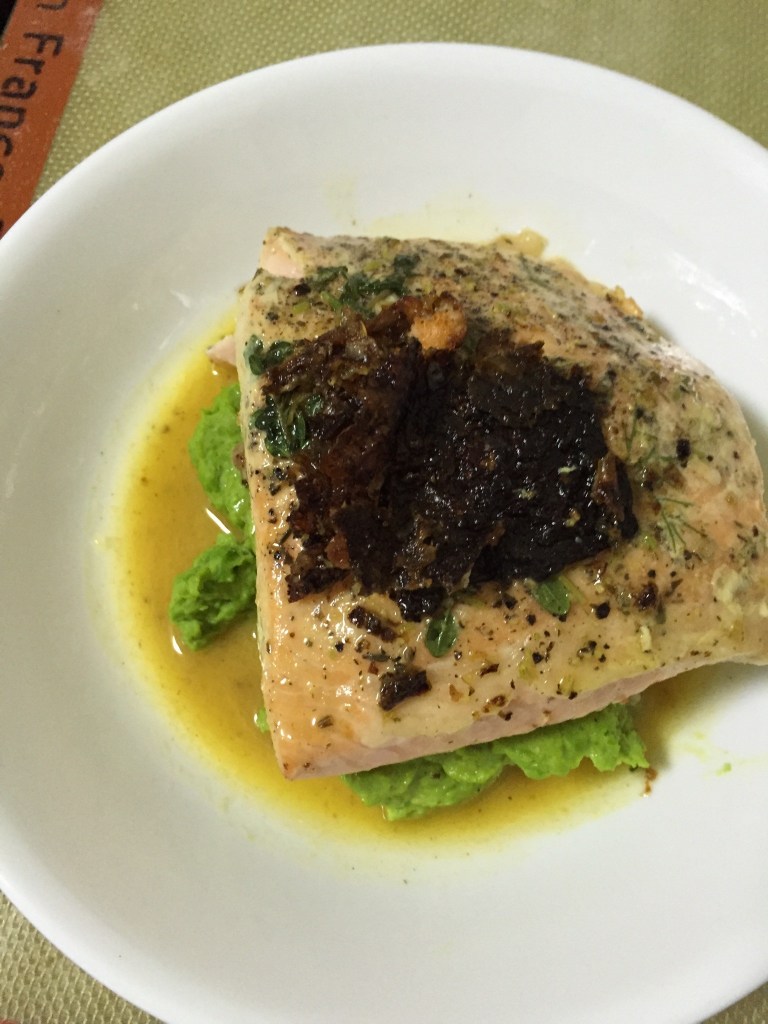 Salmon with pea purée