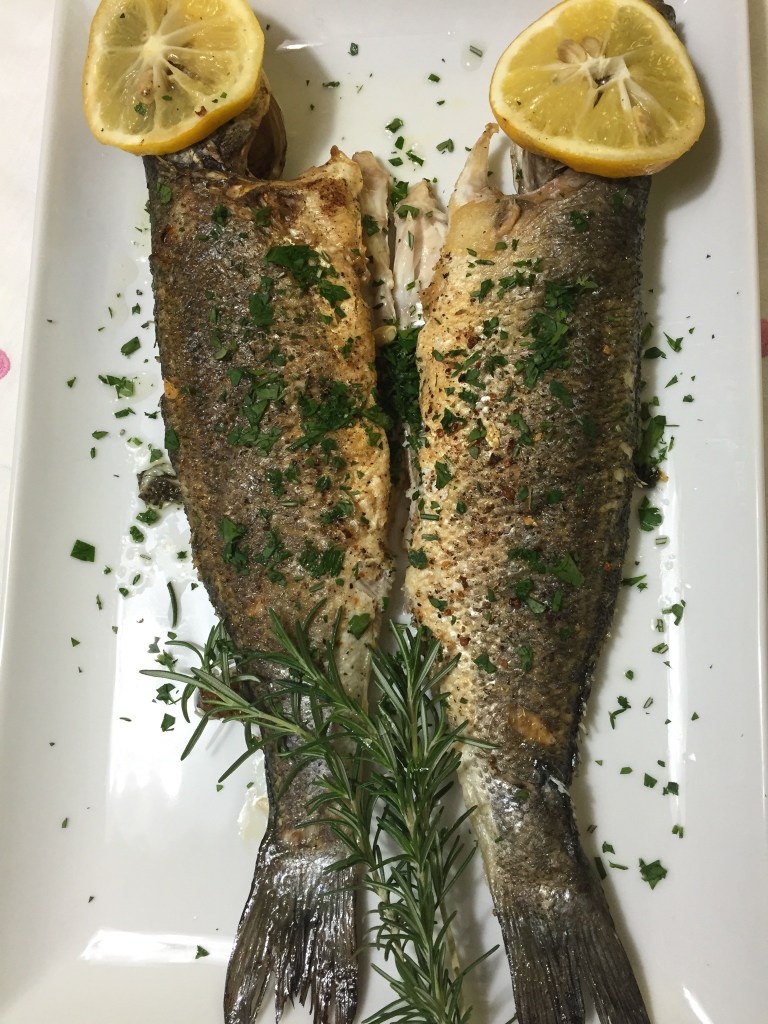 Roasted whole branzino