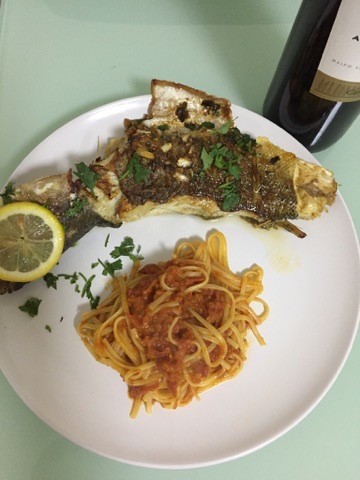 Roasted fish with spaghetti