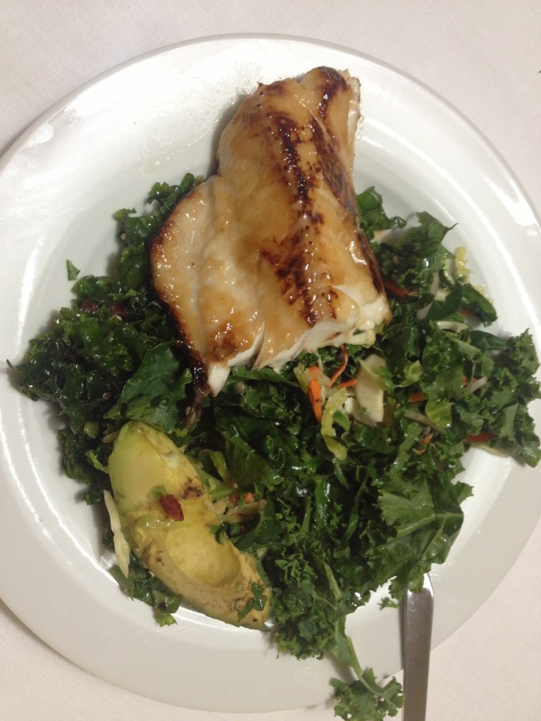 Miso-glazed fish on kale