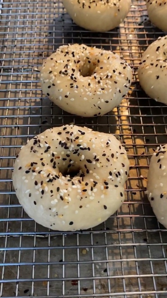 Everything bagels on the rack